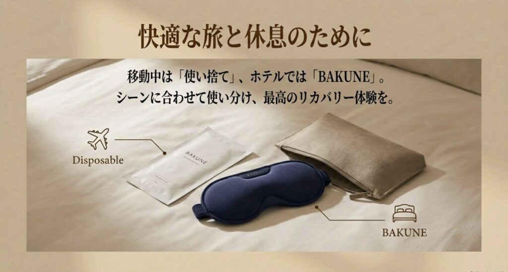 移動中は使い捨てタイプ、ホテルではリカバリーウェアBAKUNEとシーンに合わせて使い分けるのがおすすめ