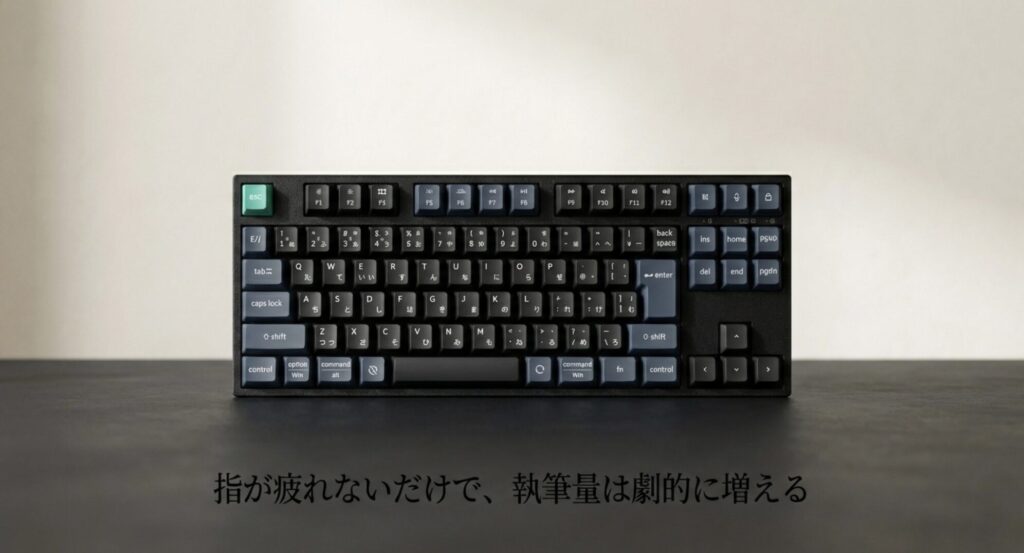 キーボードの画像と、指が疲れないだけで執筆量は劇的に増えるというテキスト