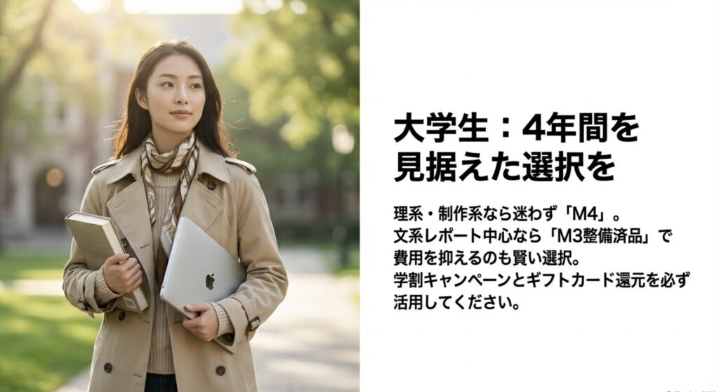 大学生が選ぶべきMacBook Airの解説。理系・制作系はM4、文系レポート中心ならM3整備済品などの選び方