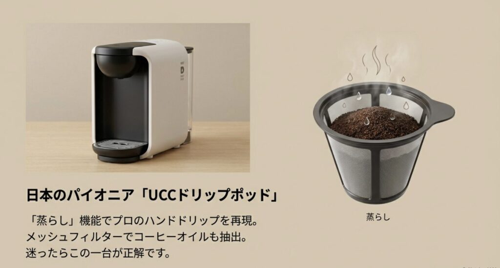 プロのハンドドリップを再現する蒸らし機能とメッシュフィルターの特徴を紹介するスライド