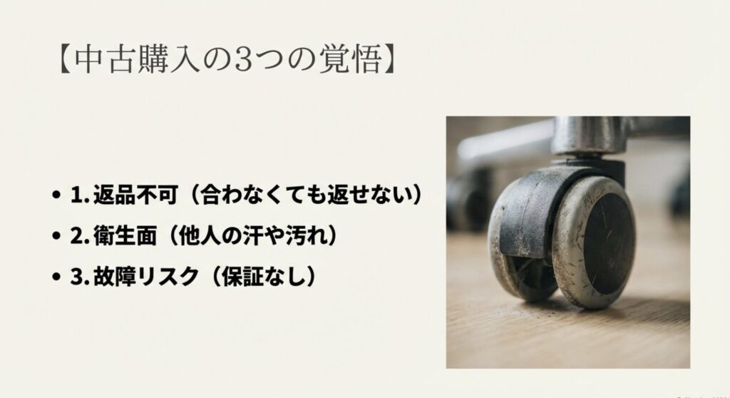 返品不可・衛生面・故障リスクなど、中古チェア購入時の3つの覚悟と汚れたキャスターの画像