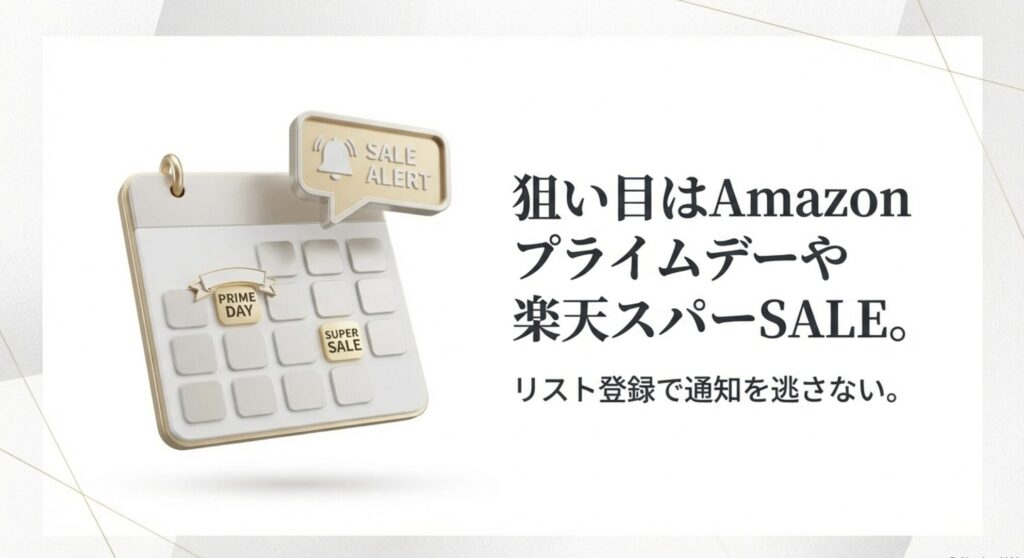 Amazonプライムデーや楽天スーパーSALEが狙い目で、リスト登録を推奨するスライド。