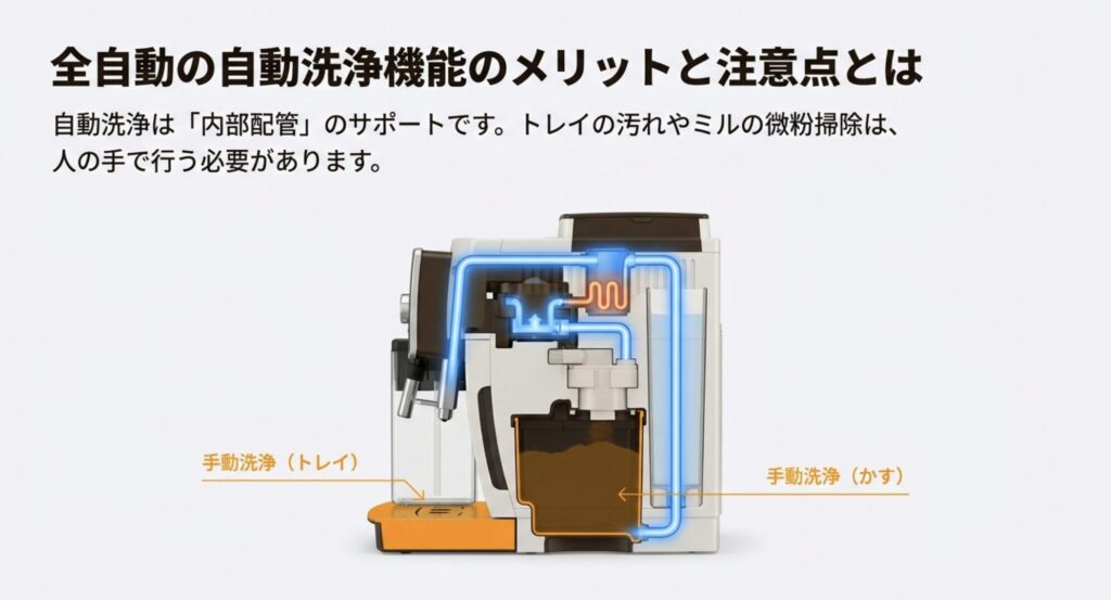 全自動コーヒーメーカーの内部配管の自動洗浄と手動で行うべきトレイ清掃の図解