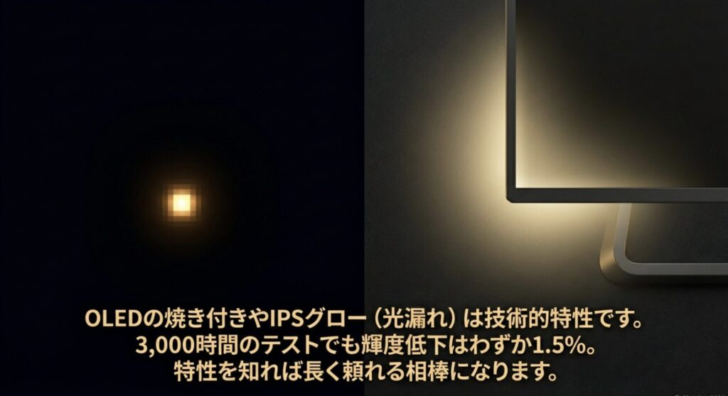 モニターの技術的特性である焼き付きや光漏れと耐久テストの結果解説