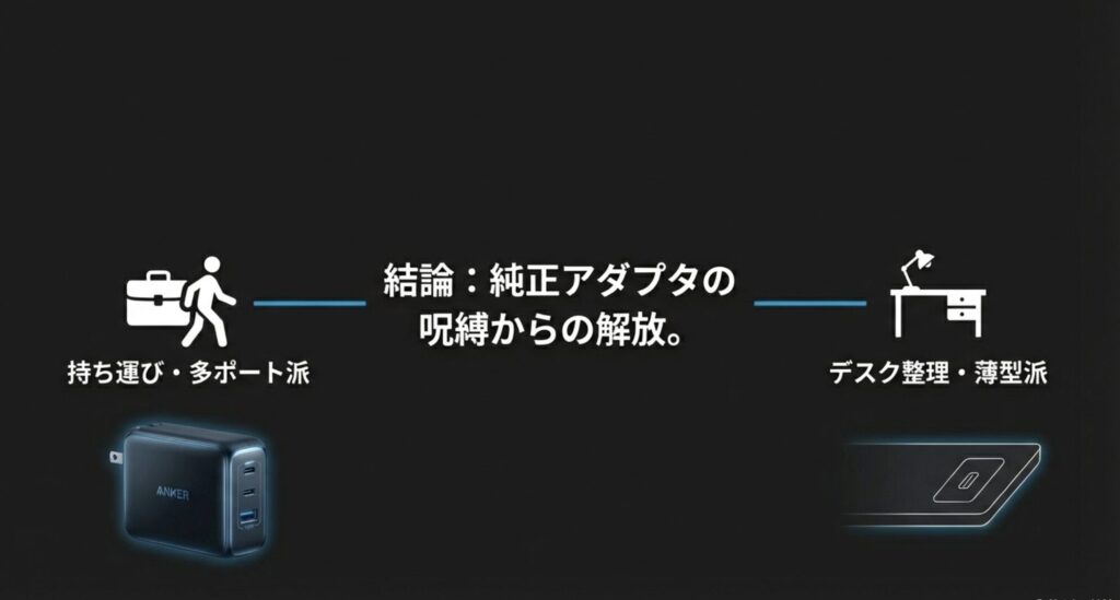 持ち運び・多ポート派とデスク整理・薄型派のスタイル比較イラスト