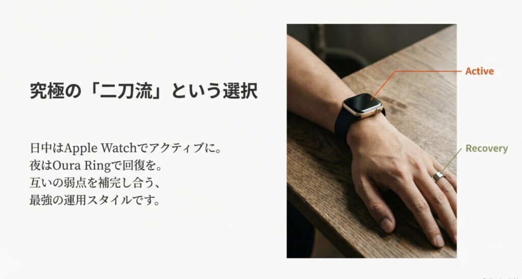 日中はApple Watch、夜はOura Ringを使い分ける二刀流スタイルの提案。ActiveとRecoveryの役割分担。