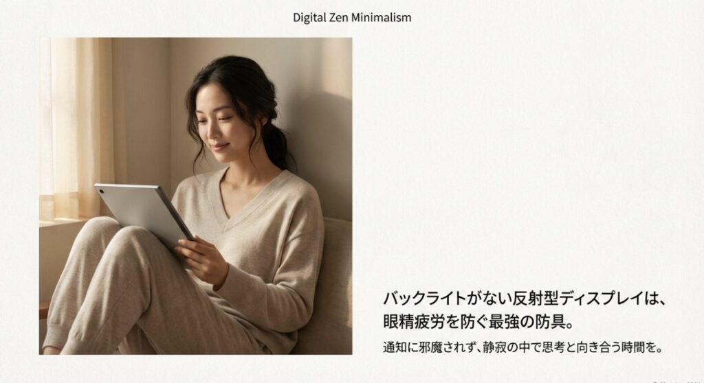 バックライトのない反射型ディスプレイで眼精疲労を防ぎ静寂の中で思考する女性のイメージ画像