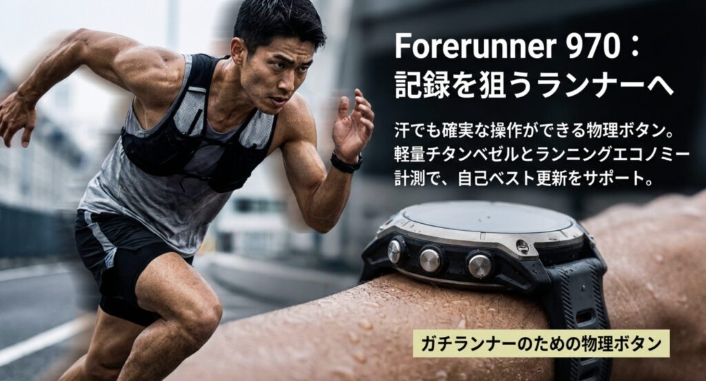 競技ランナー向けのForerunner 970。汗でも操作しやすい物理ボタンと、ランニングエコノミー計測機能を強調。