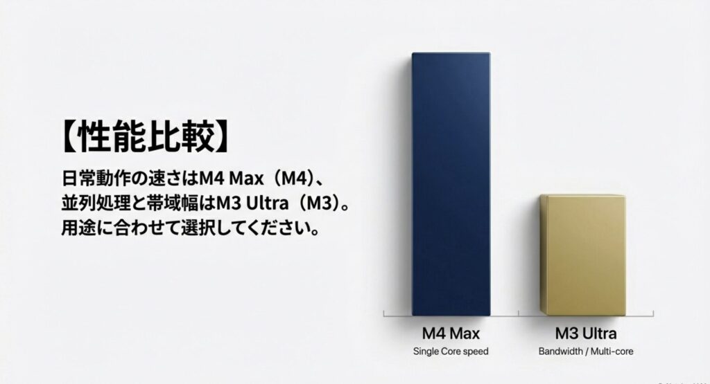 日常動作の速さに優れるM4 Maxと並列処理・帯域幅に優れるM3 Ultraの比較