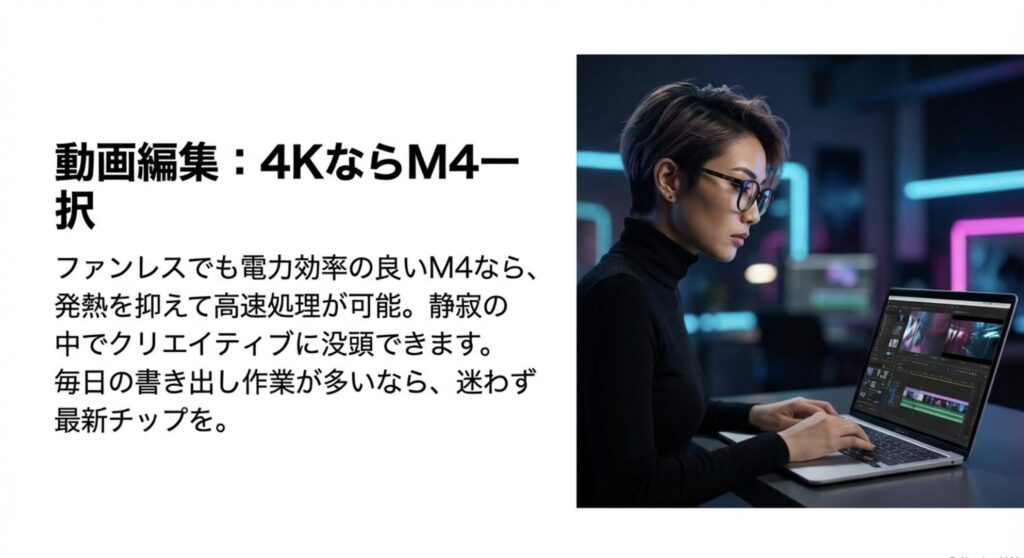 MacBook Airでの動画編集性能について。4K編集ならM4一択、電力効率による発熱抑制と高速処理のメリット