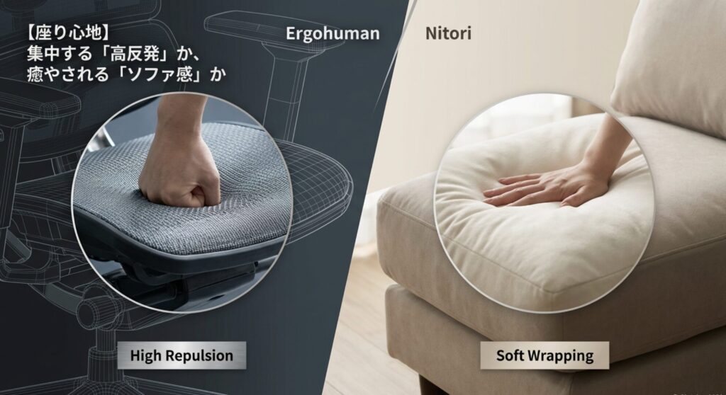 エルゴヒューマンの高反発メッシュとニトリの包み込むような座り心地を比較した図