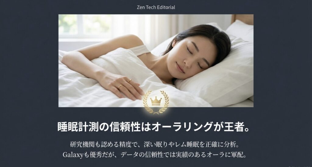 睡眠中の女性のイメージと共に、Oura Ringの睡眠計測の信頼性と精度の高さ（深い眠りやレム睡眠の分析）を解説するスライド。