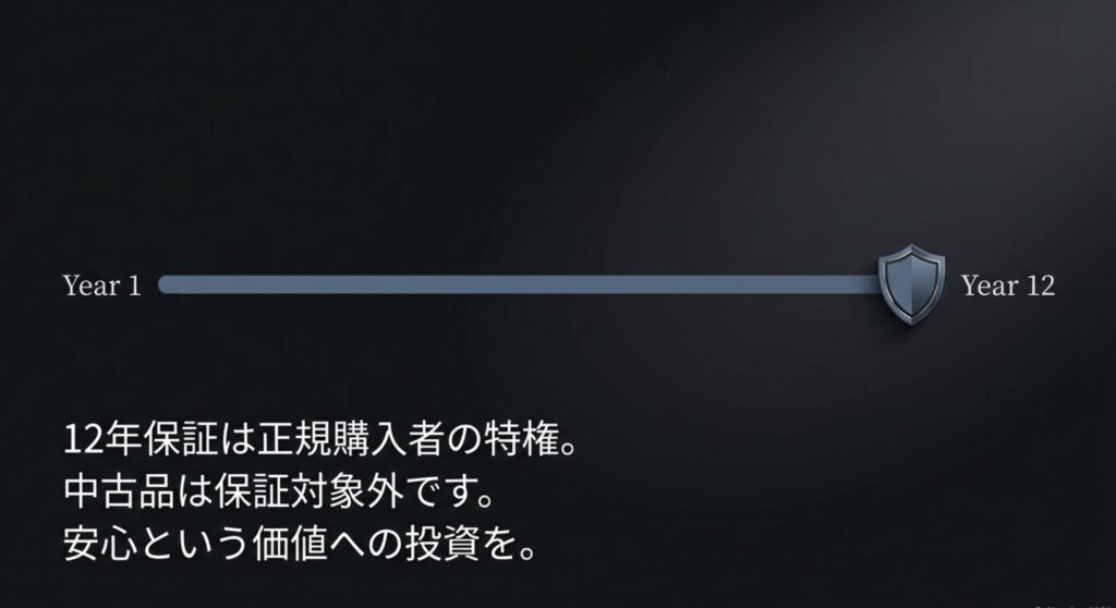1年目と12年目の比較イメージ。12年保証は正規購入者の特権であり、中古品は対象外であることを警告するスライド。