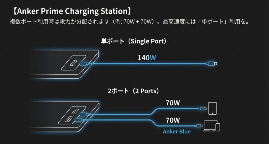 Anker充電器の単ポート140Wと2ポート70W+70Wの電力配分仕様