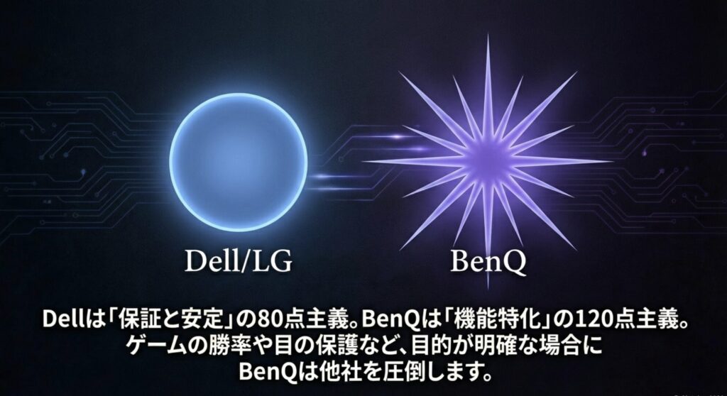 Dellの保証と安定に対しBenQは機能特化した120点主義である比較図