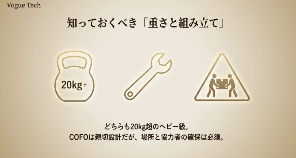 20kg以上の重量アイコンと工具アイコン。エルゴヒューマンとCOFOはどちらもヘビー級で、場所と協力者の確保が必須であることを示す注意喚起