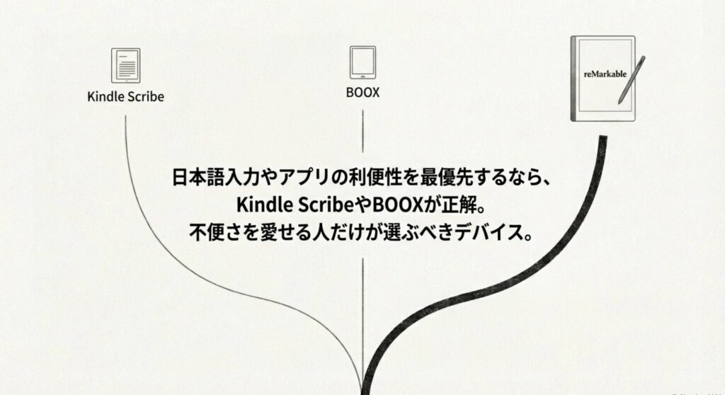 日本語入力やアプリの利便性を優先するならKindle ScribeやBOOXを選ぶべきという比較スライド