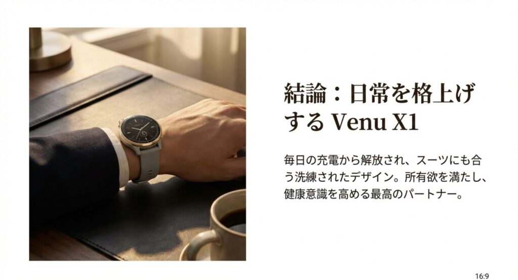 スーツの袖口から見えるGarmin Venu X1。洗練されたデザインで日常と健康管理を両立する最高のパートナー。