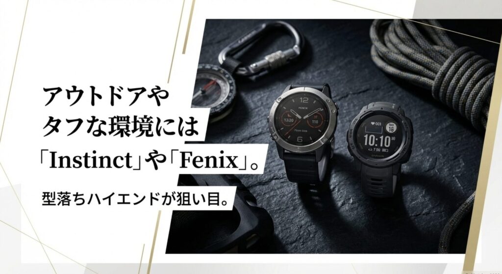 アウトドアやタフな環境にはInstinctやFenixの型落ちハイエンドが狙い目であることを紹介。