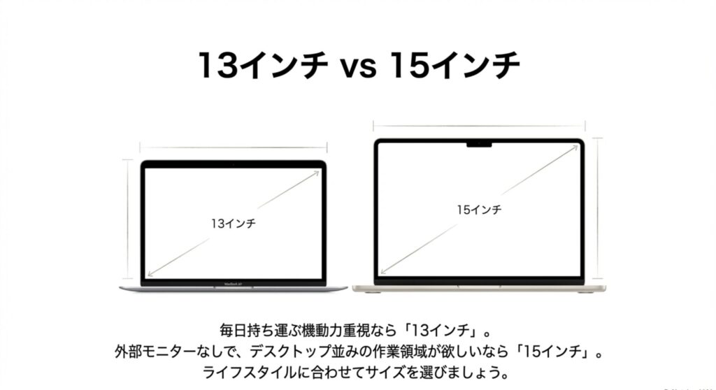 MacBook Airの13インチと15インチのサイズ比較。持ち運び重視の13インチと作業領域重視の15インチの選び方