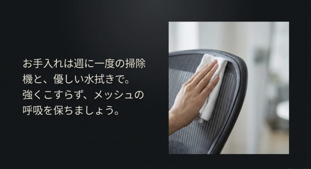 アーロンチェアのメッシュ(ペリクル)を柔らかい布で拭いている様子。週に一度の掃除機と水拭きを推奨するメンテナンス解説スライド。