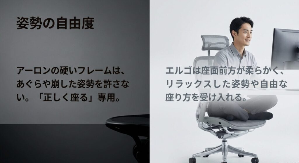 正しく座る専用のアーロンチェアと、あぐらや崩した姿勢を受け入れるエルゴヒューマンの座面比較