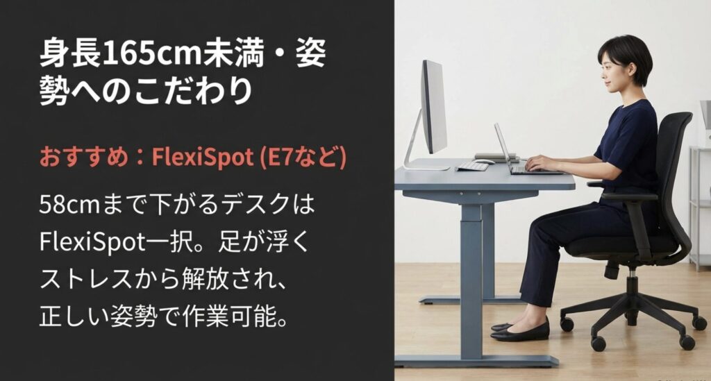 58cmまで下がるデスクはFlexiSpot一択。身長165cm未満の人でも足が浮くストレスから解放され、正しい姿勢で作業可能であることを解説。