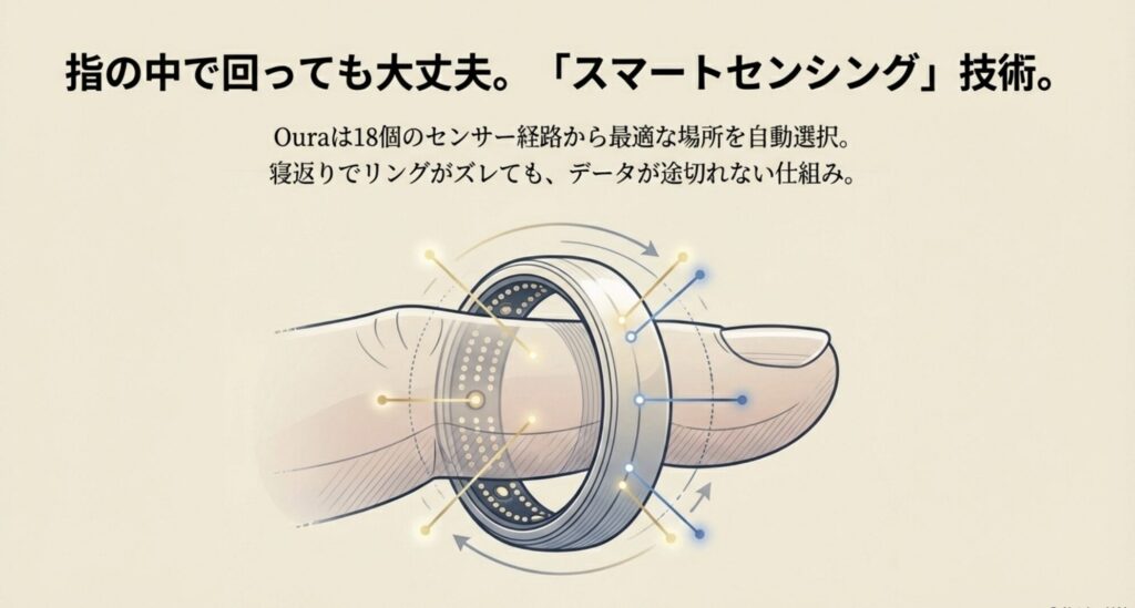 指の中でリングが回っても最適な計測場所を自動選択するOura Ringのスマートセンシング技術の解説図。