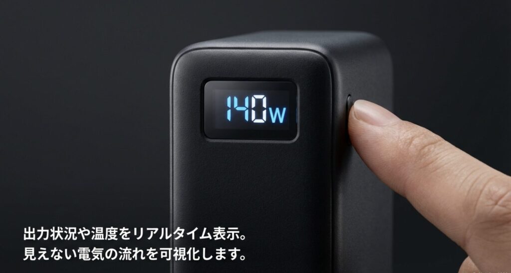 出力ワット数や温度をリアルタイム表示するAnker充電器のディスプレイ