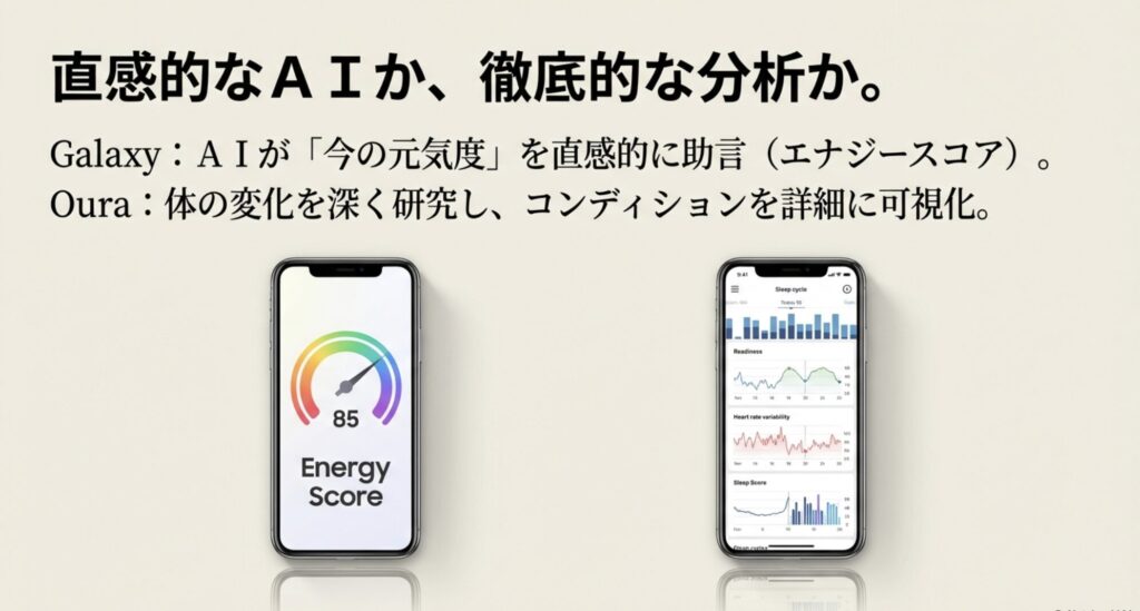 Galaxy Ringの直感的なエナジースコアと、Oura Ringの詳細なコンディション分析画面（スマホアプリ）の比較スライド。