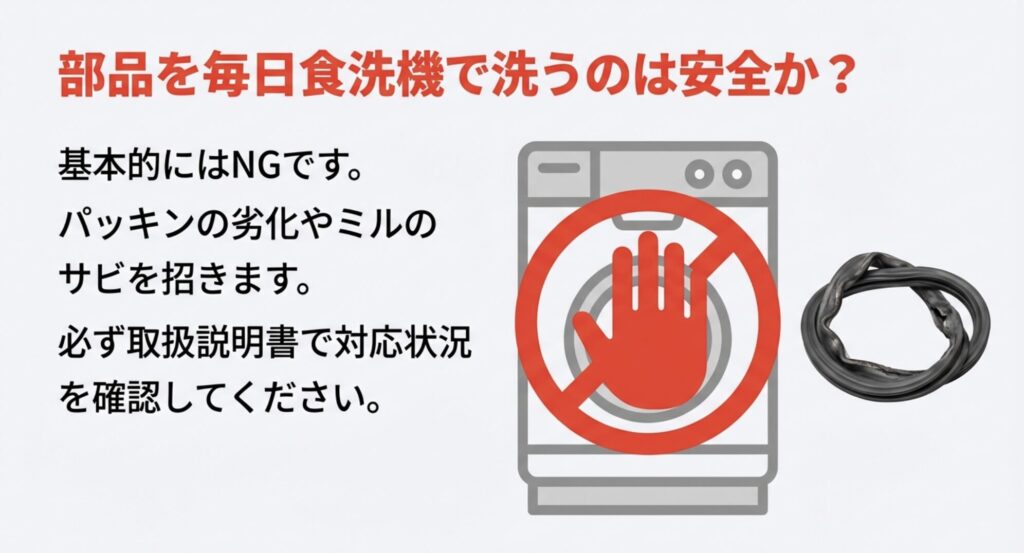 部品の食洗機洗いはパッキンの劣化やミルのサビを招くため基本NGであることを示す図解