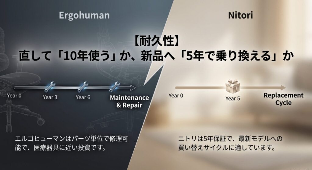 エルゴヒューマンのメンテナンス性とニトリの買い替えサイクルを比較した年数経過の図