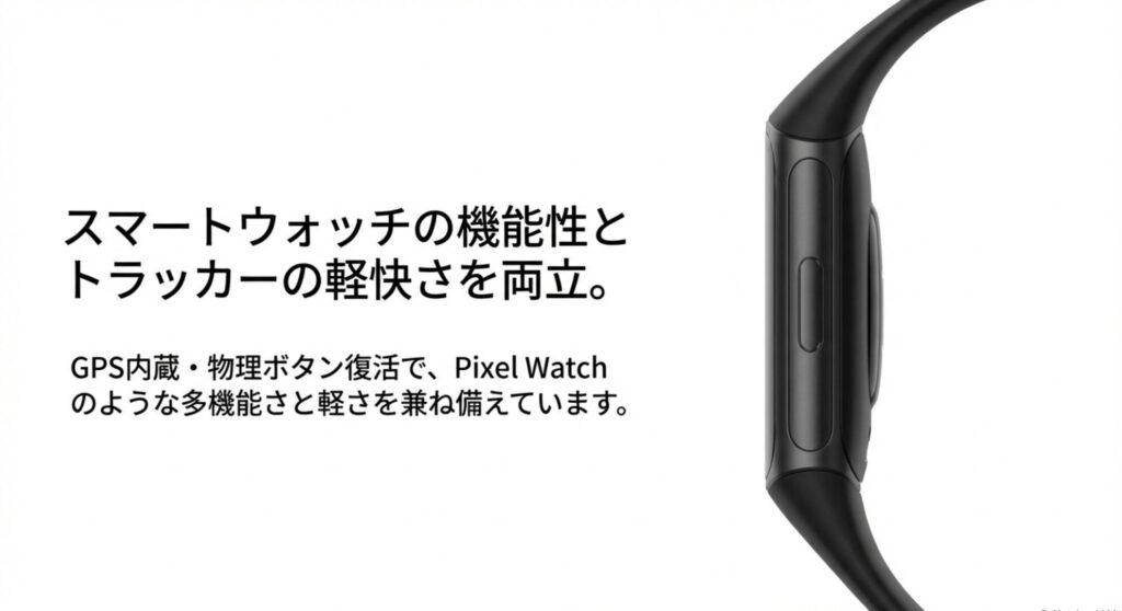 GPS内蔵や物理ボタンを搭載し、多機能さと軽快さを兼ね備えたFitbit Charge 6の強み。