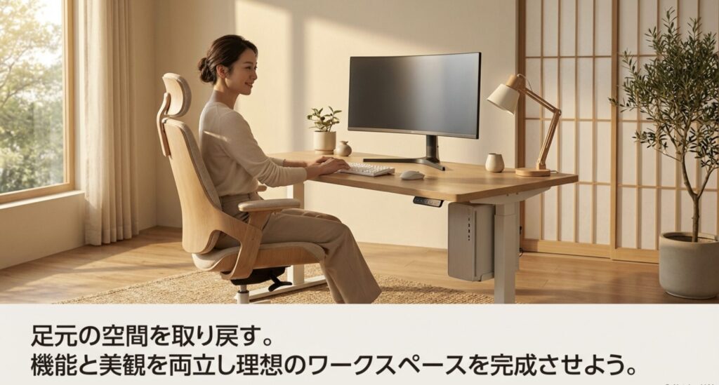 PC吊り下げにより機能と美観を両立し、足元がすっきりとした理想の昇降デスク環境の完成イメージ