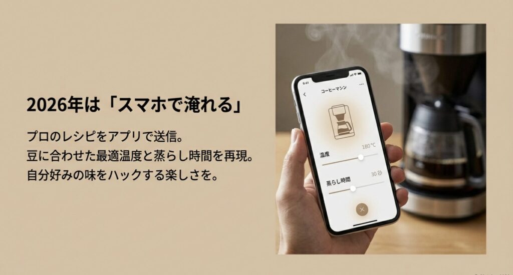 アプリでプロのレシピを送信し、温度や蒸らし時間を最適化するスマホ連携機能の紹介