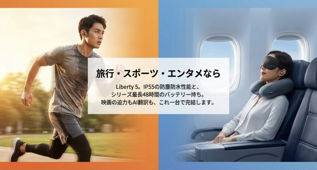 IP55の防水防塵性能を持ちスポーツや旅行に最適なLiberty 5の利用シーン