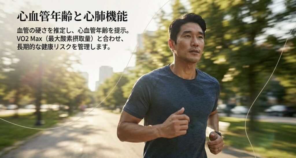 血管の硬さを推定し心血管年齢を提示する機能とVO2 Maxの解説