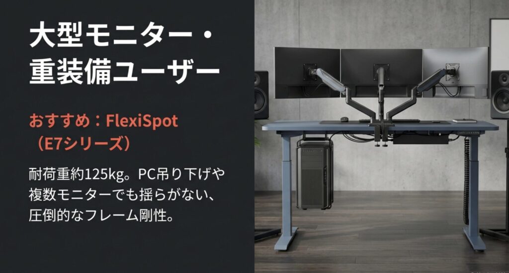 耐荷重約125kgを誇るFlexiSpot E7シリーズ。PC吊り下げや複数モニター環境でも揺らがない圧倒的なフレーム剛性を紹介するスライド。