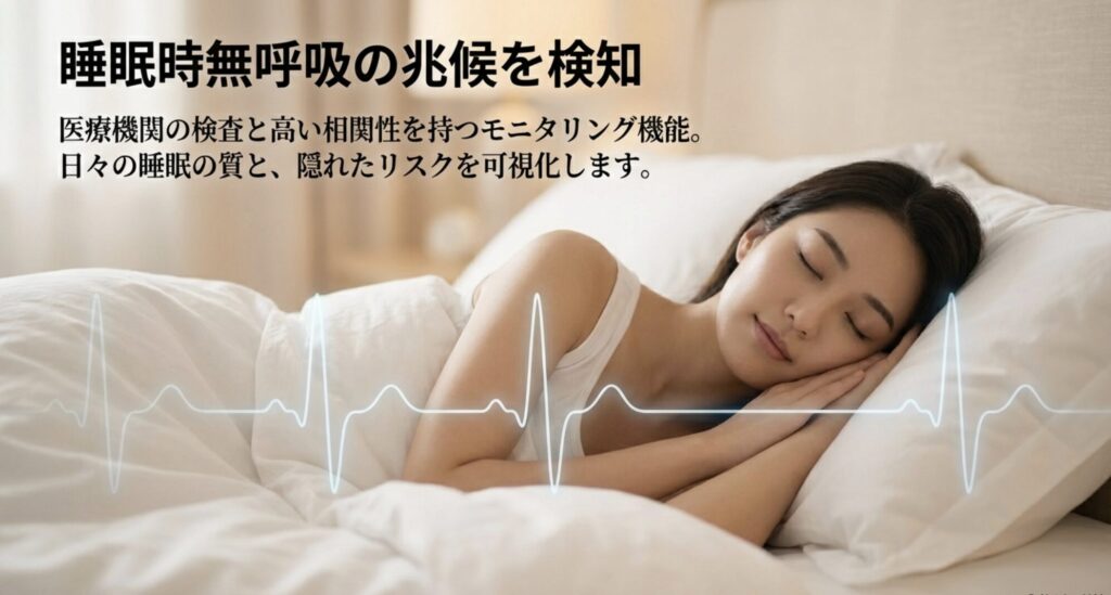 睡眠の質とリスクを可視化する機能についての説明スライド。水滴の抽象的なイメージ画像