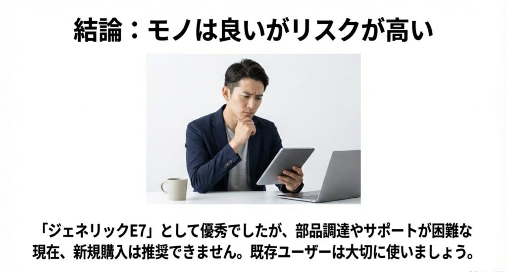 Vernal昇降デスクは製品としての質は高いものの、現在はサポート面でのリスクが高く新規購入は推奨できないという結論スライド