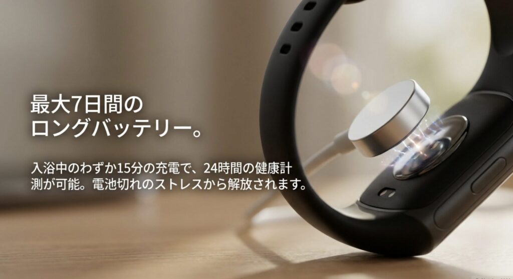 最大7日間持続するロングバッテリーと、15分の急速充電で24時間計測が可能なFitbit Charge 6のバッテリー性能。