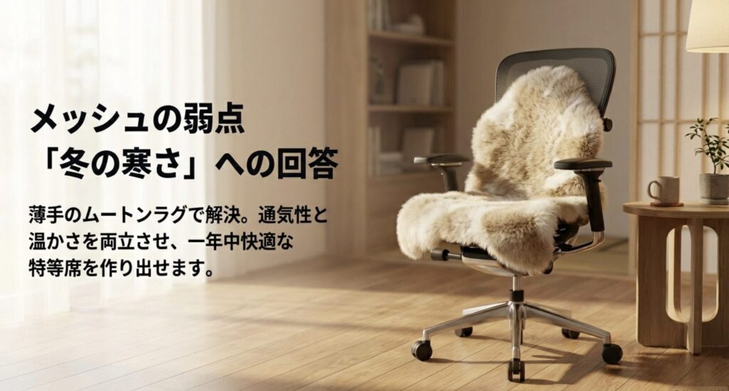 薄手のムートンラグなどで解決するメッシュチェアの冬の防寒対策