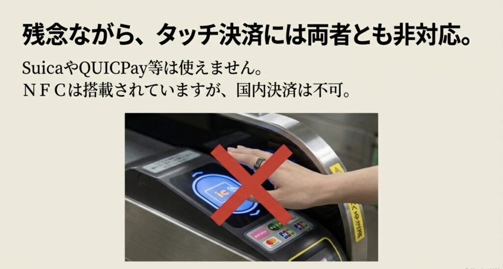 Galaxy RingとOura Ringが日本の改札やタッチ決済（Suica/PASMO等）に対応していないことを示す注意喚起のスライド。
