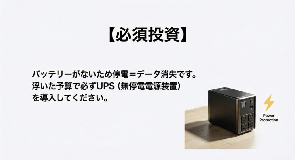 停電によるデータ消失を防ぐための無停電電源装置(UPS)の導入イメージ