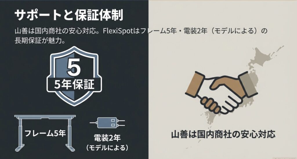 山善は国内商社の安心対応。FlexiSpotはフレーム5年・電装2年という長期保証が魅力であることを比較したスライド。