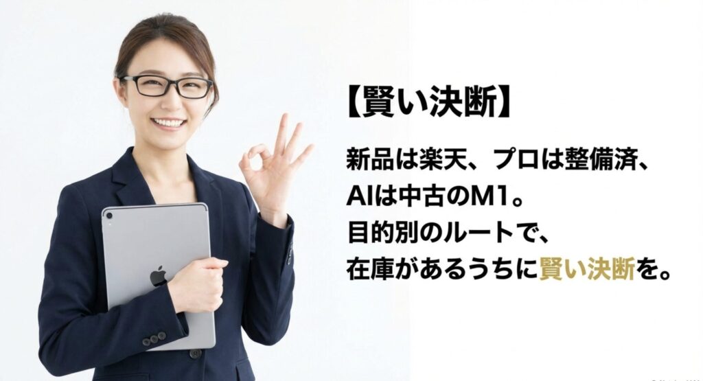 新品は楽天、プロは整備済、AIは中古M1といった目的別の最適ルートまとめ