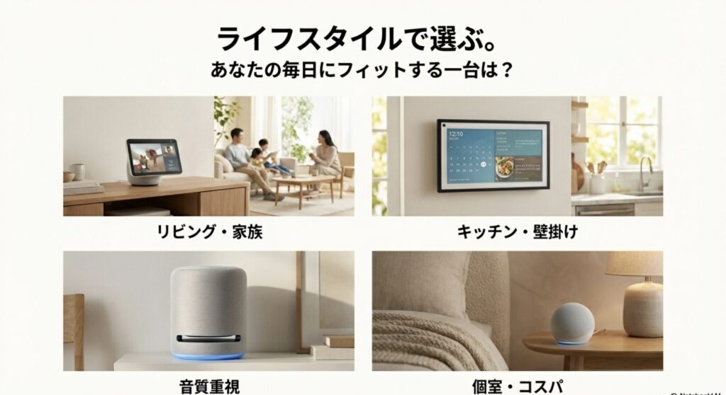リビング、キッチン、個室などライフスタイルに合わせて選ぶAmazon Echoのラインナップ