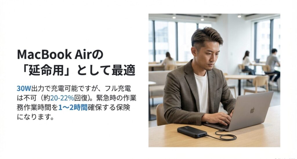 MacBook Airを操作する男性と充電中のAnker 533