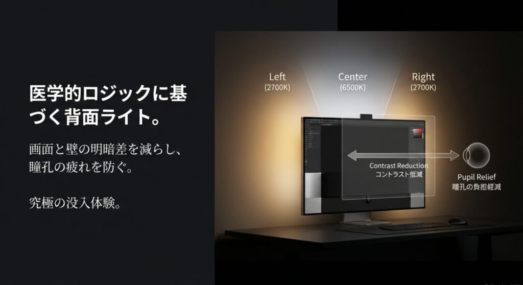 医学的ロジックに基づく背面ライト。画面と壁の明暗差を減らし瞳孔の疲れを防ぐ仕組みを解説したスライド