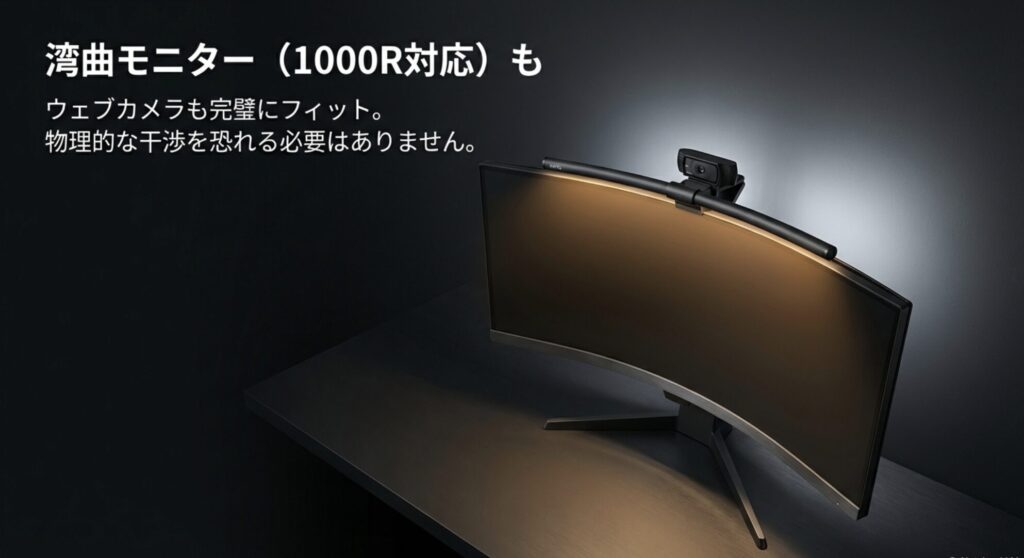 湾曲モニター(1000R対応)もウェブカメラも完璧にフィットし、物理的な干渉がないことを示したスライド
